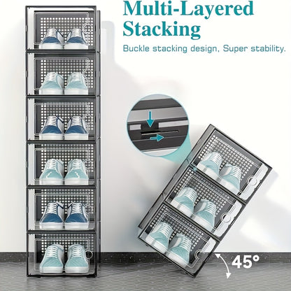 Stackable Shoe Boxes Clear Plastic with Lid Foldable Sneaker Storage Organizer – Space-Saving Transparent Shoe Rack Containers for Entryway & Bedroom, 6, 12 & 24 Pack in White, Black & Grey