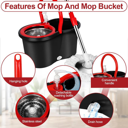 360 Spin Mop and Bucket with Wringer Set, Spinning Mop Bucket System with 4 Microfiber Replacement Mop Heads, Stainless Steel Adjustable Handle, Floor Cleaning Mop for Hardwood Tile Laminate