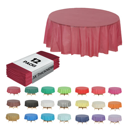 Disposable Plastic Tablecloth 12-Pack – Heavy Duty Table Cover for Parties, 84" Round & 54"x108" Rectangle, 22 Colors for Kitchen Dining Outdoor Events