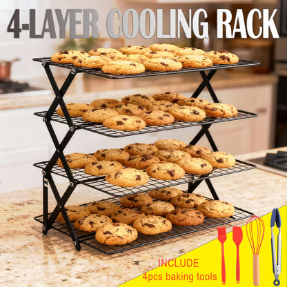 Collapsible Baking Cooling Rack 3 or 4 Tier – Stackable Metal Wire Rack for Baking Trays with Adjustable Settings, Baking Tools Set & Camping Grill for Cooking, Cooling & Cake Drying