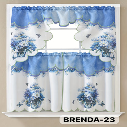 Kitchen Curtains Set 3 Piece with Embroidery – Satin Fabric Valance and Tier Curtains for Kitchen Windows, 49 Colors, Light Filtering, Rod Pocket, Machine Washable