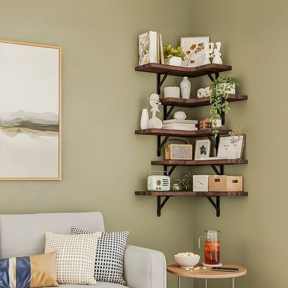 Corner Floating Shelves Rustic Wood 5 or 6 Piece Wall Mounted Heavy Duty Space Saving Storage Shelf for Bathroom Kitchen Bedroom Living Room, Easy Install 8 Colors