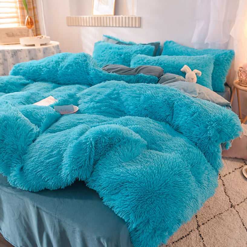 Fluffy Duvet Cover Set 4 Piece Queen King, Soft Plush Comforter Cover with 2 Pillow Shams All Season Cozy Bedding Set No Insert, in Purple Red Pink Gray Yellow Blue Beige Black