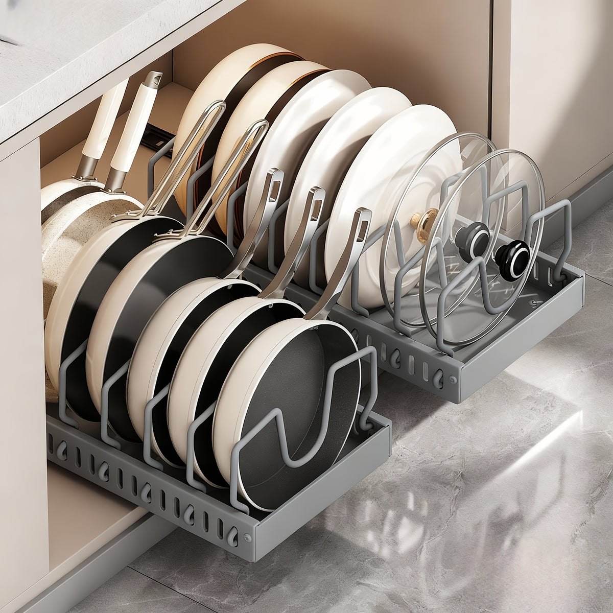 Sliding Pot and Pan Organizer Rack with Pull-Out Drawer – Under Cabinet Kitchen Storage for Pot Lids, Baking Trays & Utensils, 8 Adjustable Dividers, Black White Gray