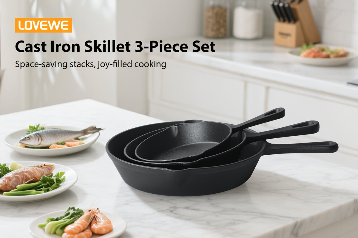 Cast Iron Skillet Set Pre-Seasoned 4 or 5 Piece Professional Grade Non-Stick Cookware for Frying Sauteing Baking Indoor Outdoor Oven Grill Safe Black