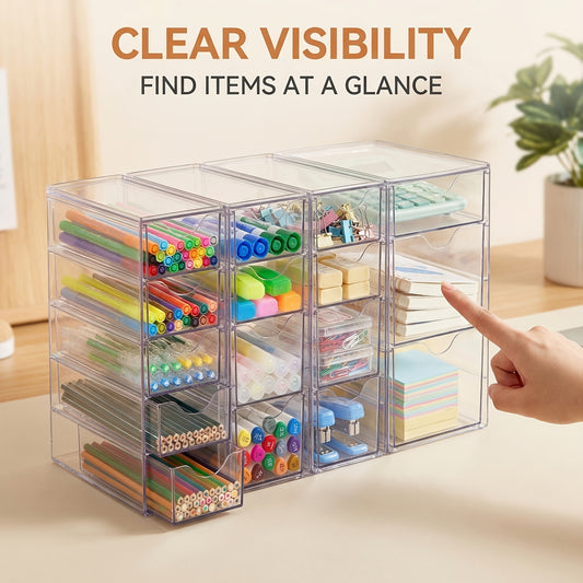 Clear Acrylic Drawer Organizer 8 or 16 Drawers – Modular Desktop Storage for Makeup, Jewelry, Office Supplies & Art Crafts – Stackable Desk Organizer for Vanity Bedroom Home Office