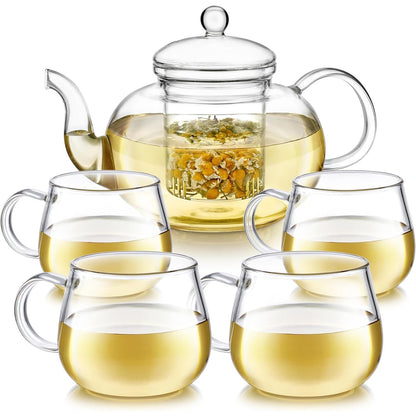 Glass Teapot with Infuser 1000ml – Borosilicate Glass Tea Pot with Detachable Filter for Loose Leaf & Flowering Tea, Gooseneck Spout, Microwave & Stovetop Safe, Optional 4-Cup Tea Set Gift Box