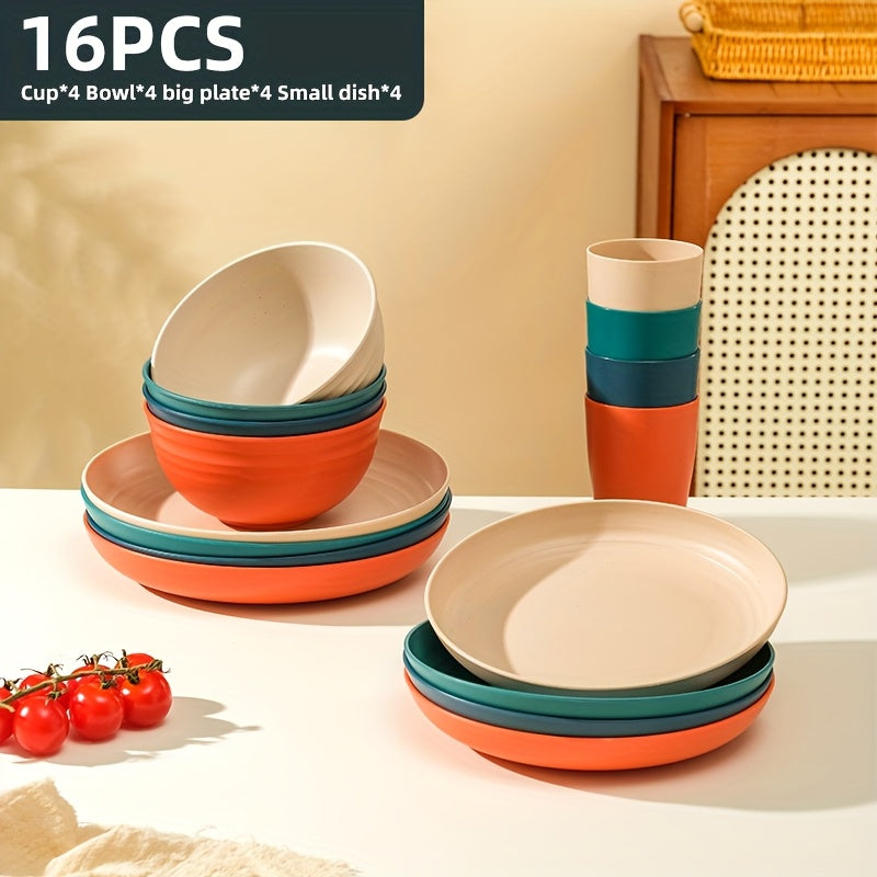 Wheat Straw Dinnerware Set 16/32 Piece, Unbreakable Plastic Plates Bowls Cups for Camping Outdoor Picnic, BPA-Free Lightweight Tableware for 4/8 People, Dishwasher Safe Kitchen Dining Set Black Colorful