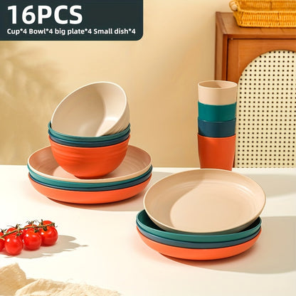 Wheat Straw Dinnerware Set 16/32 Piece, Unbreakable Plastic Plates Bowls Cups for Camping Outdoor Picnic, BPA-Free Lightweight Tableware for 4/8 People, Dishwasher Safe Kitchen Dining Set Black Colorful