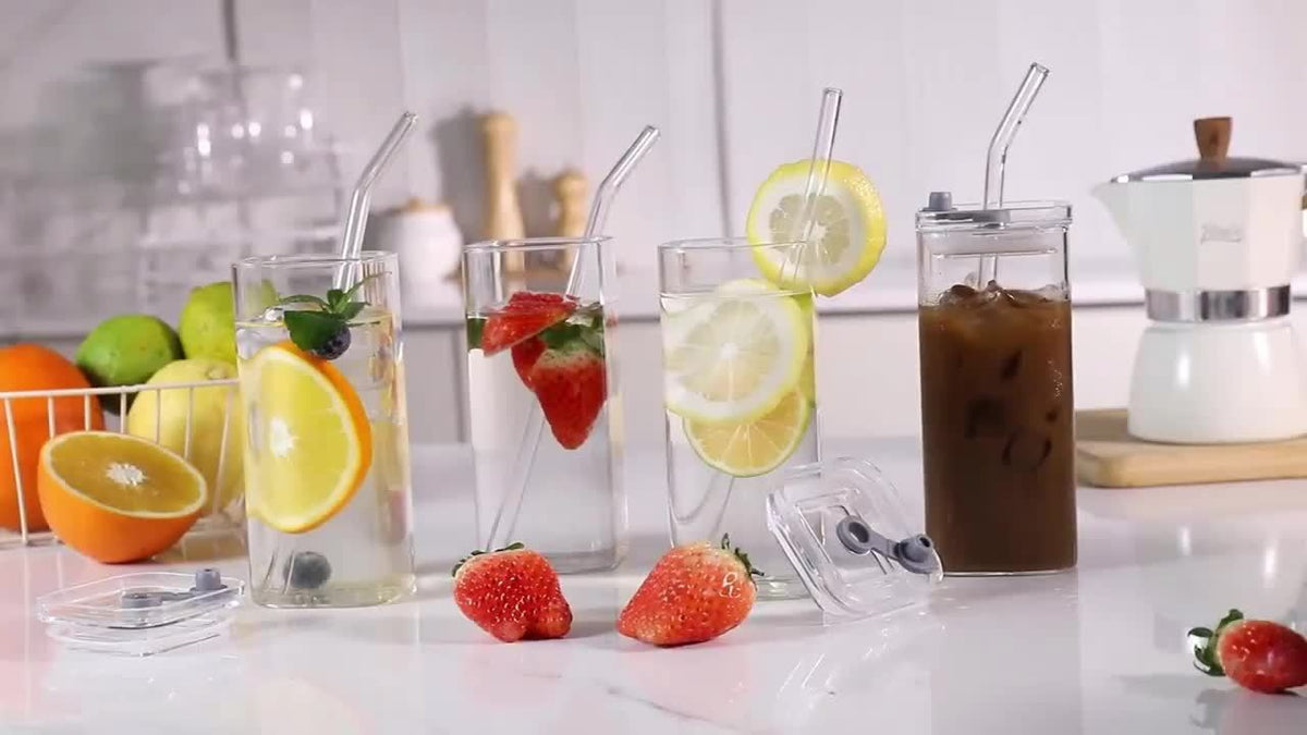 Borosilicate Glass Cups with Lid and Straw 4/6 Pack – Square Korean Style Drinking Glasses, BPA Free Leak Proof Transparent Tumblers for Coffee Juice Water, Multipurpose Kitchen Glassware Gift Set