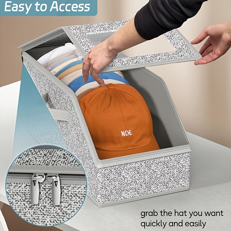 Baseball Cap Storage Box Set of 2 - Large Capacity Hat Organizer with Zipper, Foldable Stackable Dustproof Closet Storage, Multi-Purpose for Hats Clothes Accessories, Durable Fabric