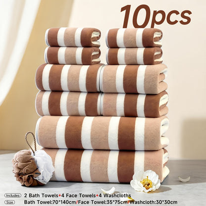 Microfiber Towel Set – Ultra-Soft No Lint Two-Color Striped Bath Towels, Super Absorbent Five-Star Hotel Standard, Available in 1, 3 & 10 Piece Sets for Bathroom, Beach, Gym & Spa