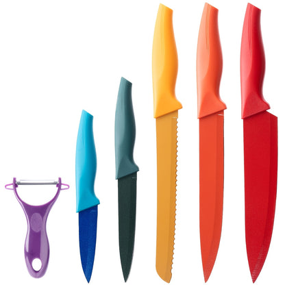 Kitchen Knife Set 6 Piece High Carbon Stainless Steel Sharp Chef Knife Bread Knife Scissors Sharpener Anti-Slip Handle Dishwasher Safe, Colorful Phoenix Pattern Knife Set Gift for Women