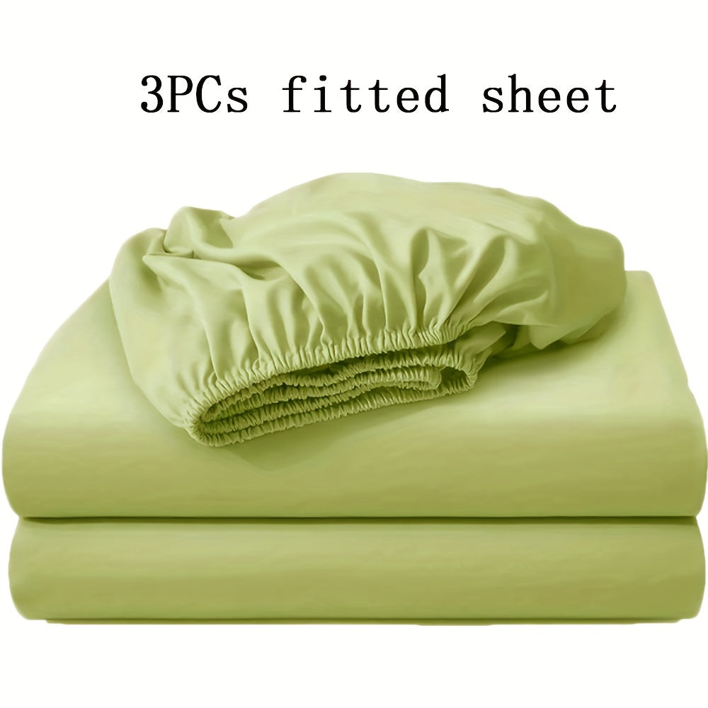 Soft Fitted Bed Sheet Set 3-Piece with 2 Pillowcases – Solid Color Layered Fitted Sheet for Bedroom Guest Room Hotel Mattress Protection