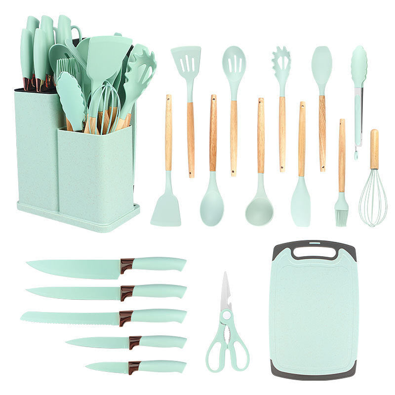 Silicone Cookware Set 19pcs Non-Stick with Bamboo Storage Containers & Knives – Heat-Resistant Pots Pans Utensils, Wooden Handle, Induction & Oven Safe, Kitchen Cooking Gift
