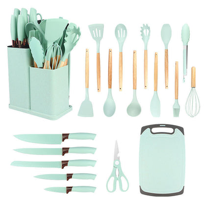 Silicone Cookware Set 19pcs Non-Stick with Bamboo Storage Containers & Knives – Heat-Resistant Pots Pans Utensils, Wooden Handle, Induction & Oven Safe, Kitchen Cooking Gift