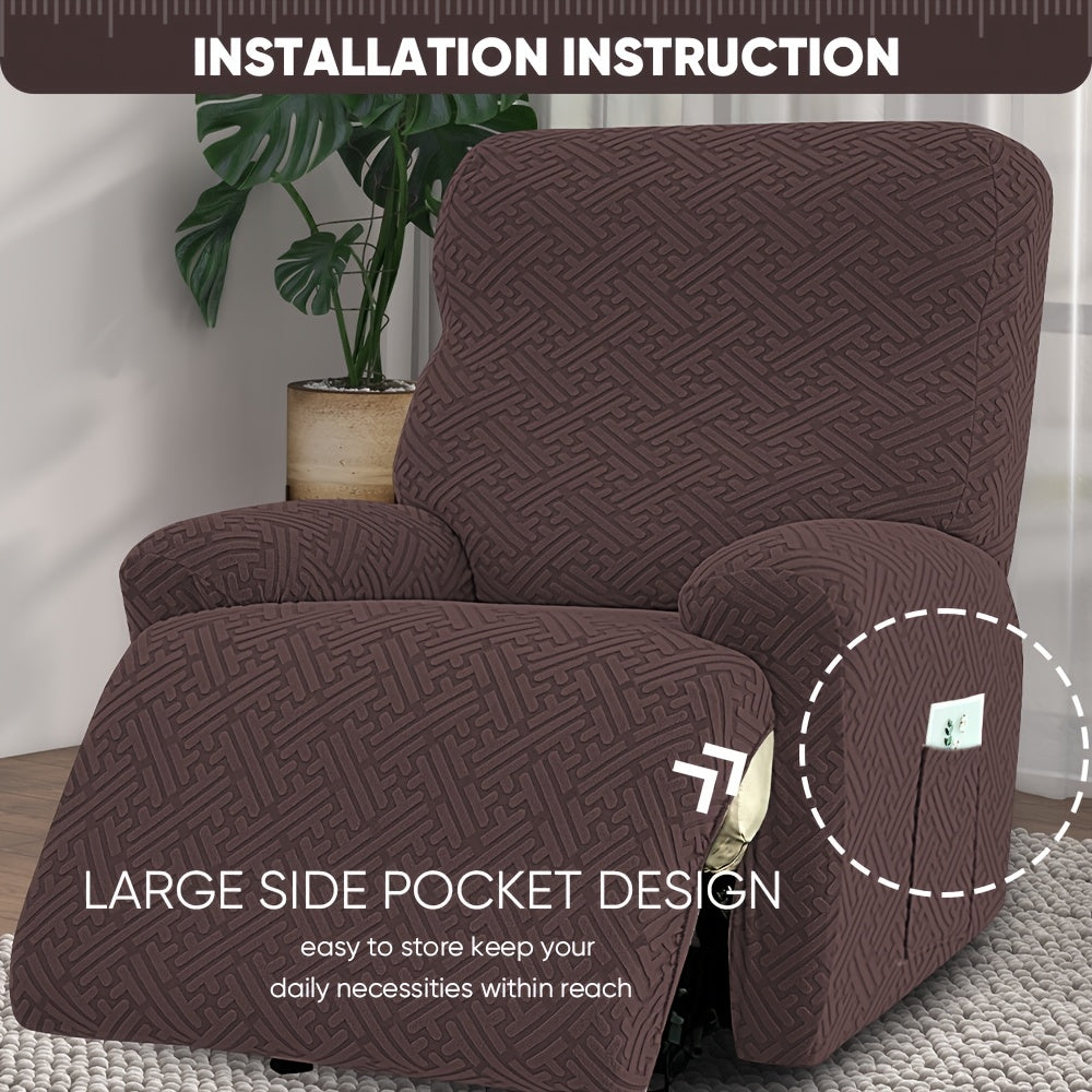 Stretch Recliner Cover with Pocket – 4 Season Washable Recliner Slipcover, Soft Jacquard Knit Fabric, Anti-Slip Sofa Chair Protector for Living Room, 9 Colors