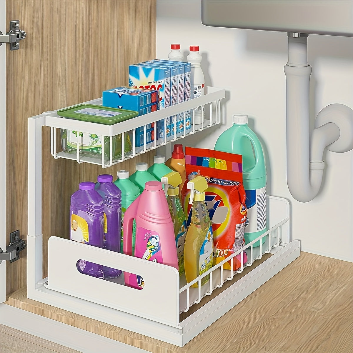 Metal Sliding Pull-Out Cabinet Rack for Under Sink Kitchen Bathroom – Slide-Out Drawer Organizer for Refrigerator Cabinet Storage, Easy Install, Black & White, 1 or 2 Pack