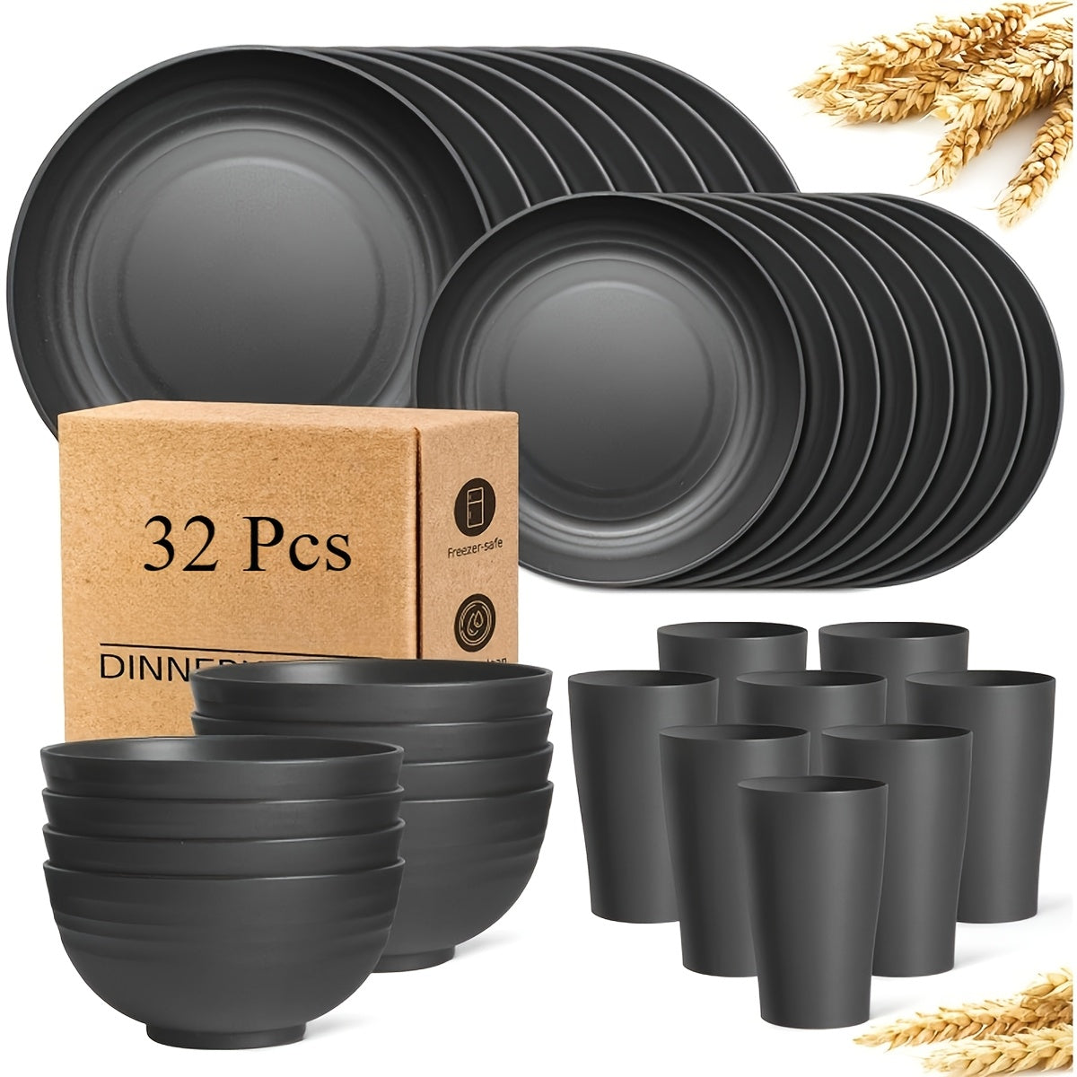 Wheat Straw Dinnerware Set 16 or 32 Piece Unbreakable for 4 or 8 People, Eco-Friendly Plates Bowls Cups Dishwasher Microwave Safe, Lightweight Camping Outdoor Indoor Dinnerware, Black Colorful