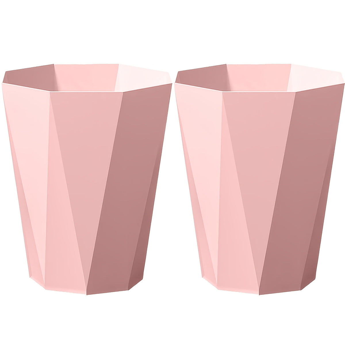 Nordic Octagonal Trash Bins Set of 2 - Geometric Plastic Small Wastebasket for Home Office, Bathroom, Kitchen & Bedroom, Modern Open-Top Waste Bin with Brushed Finish