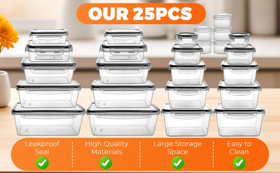 Food Storage Container Set BPA-Free with Airtight Snap Lids – Stackable Meal Prep Containers, Microwave & Dishwasher Safe, Leak-Proof Kitchen Pantry Organizer with Labels & Marker – 24, 48 or 50 Piece