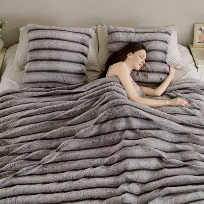 Faux Rabbit Fleece Blanket, Double Layer Thickened Soft Warm Throw – All Season Reversible Blanket for Adults, Couch, Bed & Travel, Machine Washable, Throw / Twin XL / Queen / King, Grey Khaki Beige