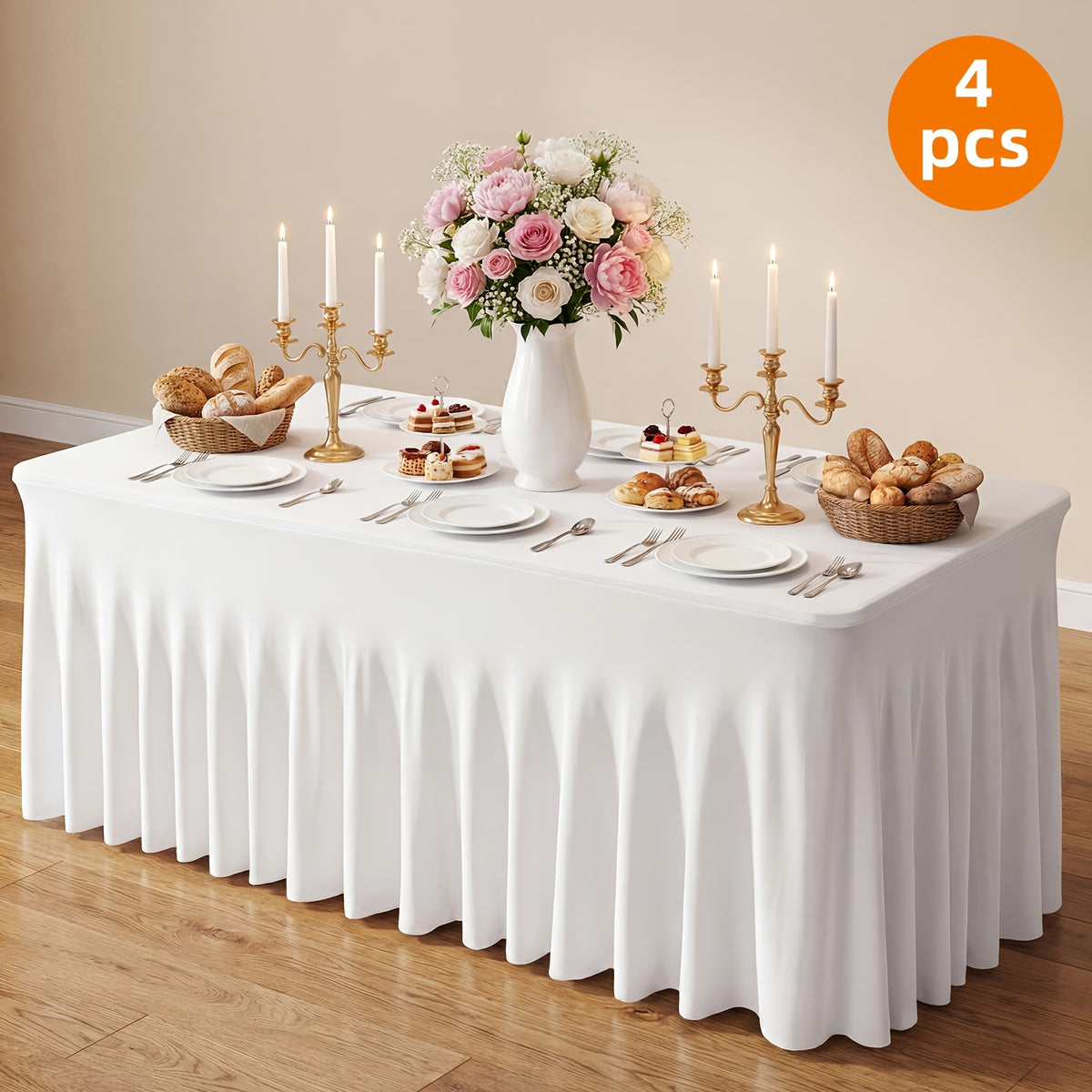 Spandex Table Skirt for 6ft Rectangle Tables 1 or 4 Pack – Black & White Stretch Table Cover Washable Wrinkle Resistant for Wedding Banquet Event Halloween Christmas Patio
