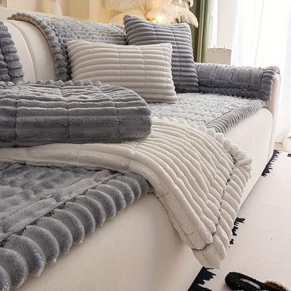 Sofa Cover Plush Velvet - Washable Stretch Couch Cover with Wavy Edge, Soft Shu Velveteen Sofa Protector for 1 2 3 4 Seater, Easy Install Furniture Cover in White Khaki Gray