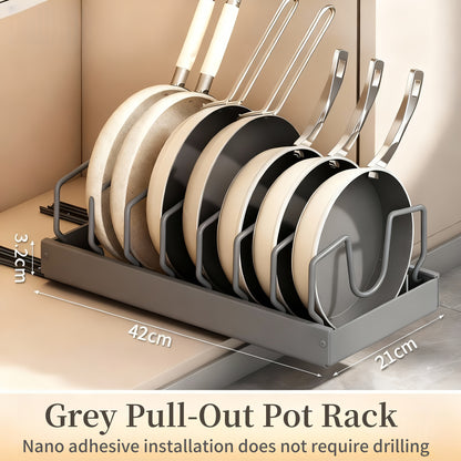 Sliding Pot and Pan Organizer Rack with Pull-Out Drawer – Under Cabinet Kitchen Storage for Pot Lids, Baking Trays & Utensils, 8 Adjustable Dividers, Black White Gray