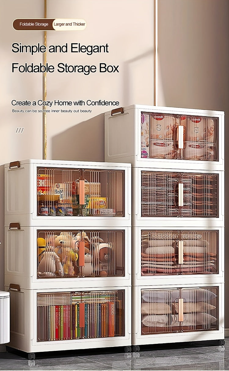 Folding Storage Cabinet with Wheels & Lids – 3/4/5-Tier Extra Large Stackable Plastic Storage Bins Organizer, Translucent Magnetic Doors, for Home, Office, Kitchen, Bathroom, Garage