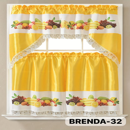 Kitchen Curtains Set 3 Piece with Embroidery – Satin Fabric Valance and Tier Curtains for Kitchen Windows, 49 Colors, Light Filtering, Rod Pocket, Machine Washable