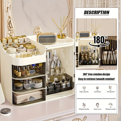 Makeup Storage Box with 3 Drawers & Mirror, High-Capacity Cosmetic Organizer Cabinet for Bathroom Vanity, Contact Lens Display Case Skincare Storage Box for Home Bathroom, Beige