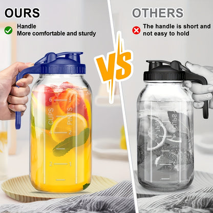 Mason Jar with Handle and Lid 64oz, 2/3 Pack BPA-Free Borosilicate Glass Jar with Lid, Leak-Proof Wide Mouth Beverage Carafe for Water Juice Smoothie, Sports Outdoor Kitchen Gift, Pink Black Blue