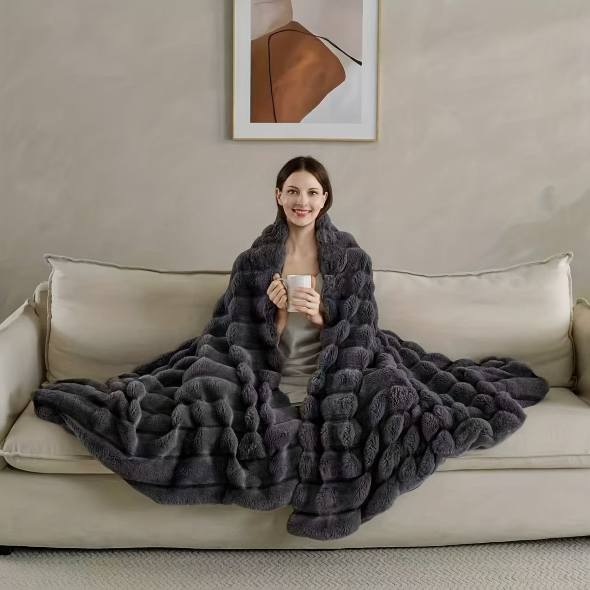 Faux Rabbit Fleece Blanket, Double Layer Thickened Soft Warm Throw – All Season Reversible Blanket for Adults, Couch, Bed & Travel, Machine Washable, Throw / Twin XL / Queen / King, Grey Khaki Beige