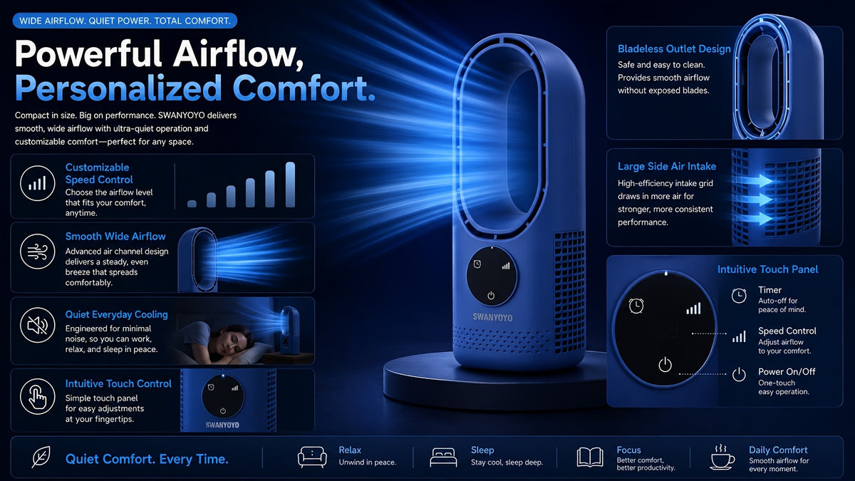 Desktop Bladeless Fan USB Powered – Water Mist Cooling Tower Fan with Remote Control, Touch Screen, 7-Color LED Light, Timer & Auto Shutdown, Portable for Office Home Travel Camping, Blue or White