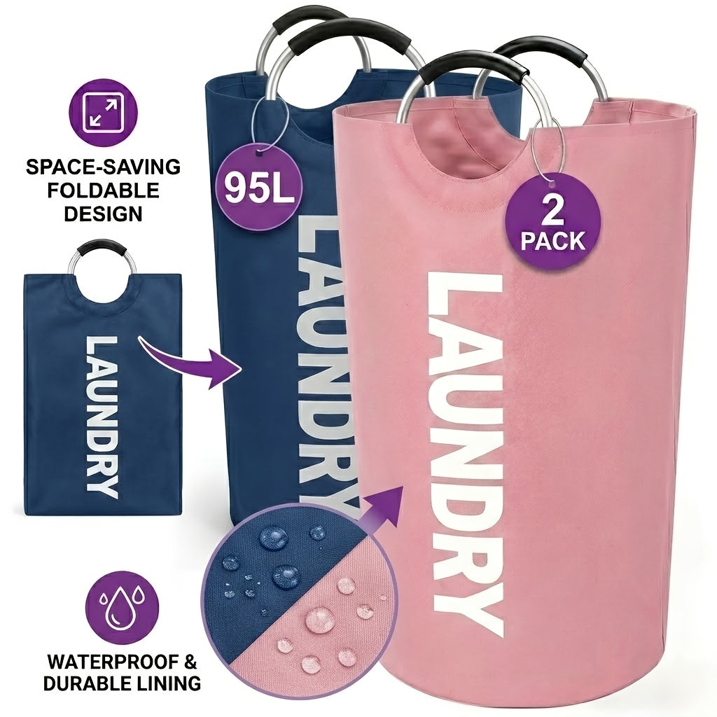 Large Foldable Laundry Basket Waterproof with Padded Handles – Freestanding Dirty Clothes Hamper for Bathroom Bedroom Home, 1pc or 2pcs Multi-Color Options