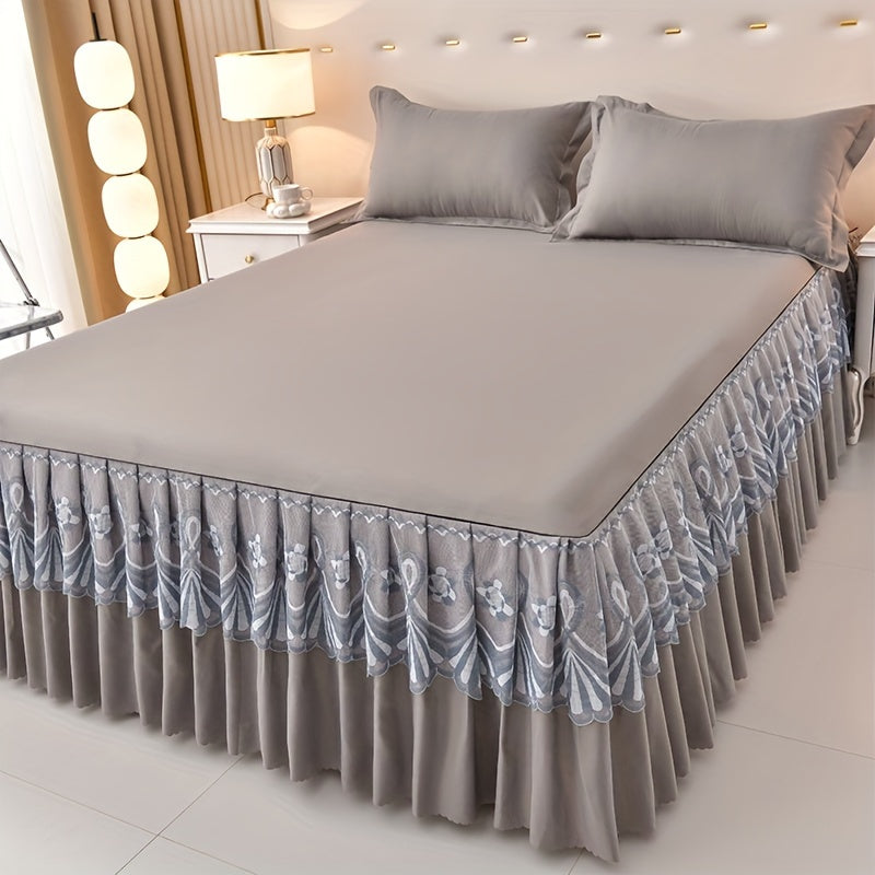 Macrame Bed Skirt Set 3 Piece with Pillowcases – Double Layer Lace Non-Slip Bedding for Twin Full Queen King, All Seasons, Red Grey Navy Purple