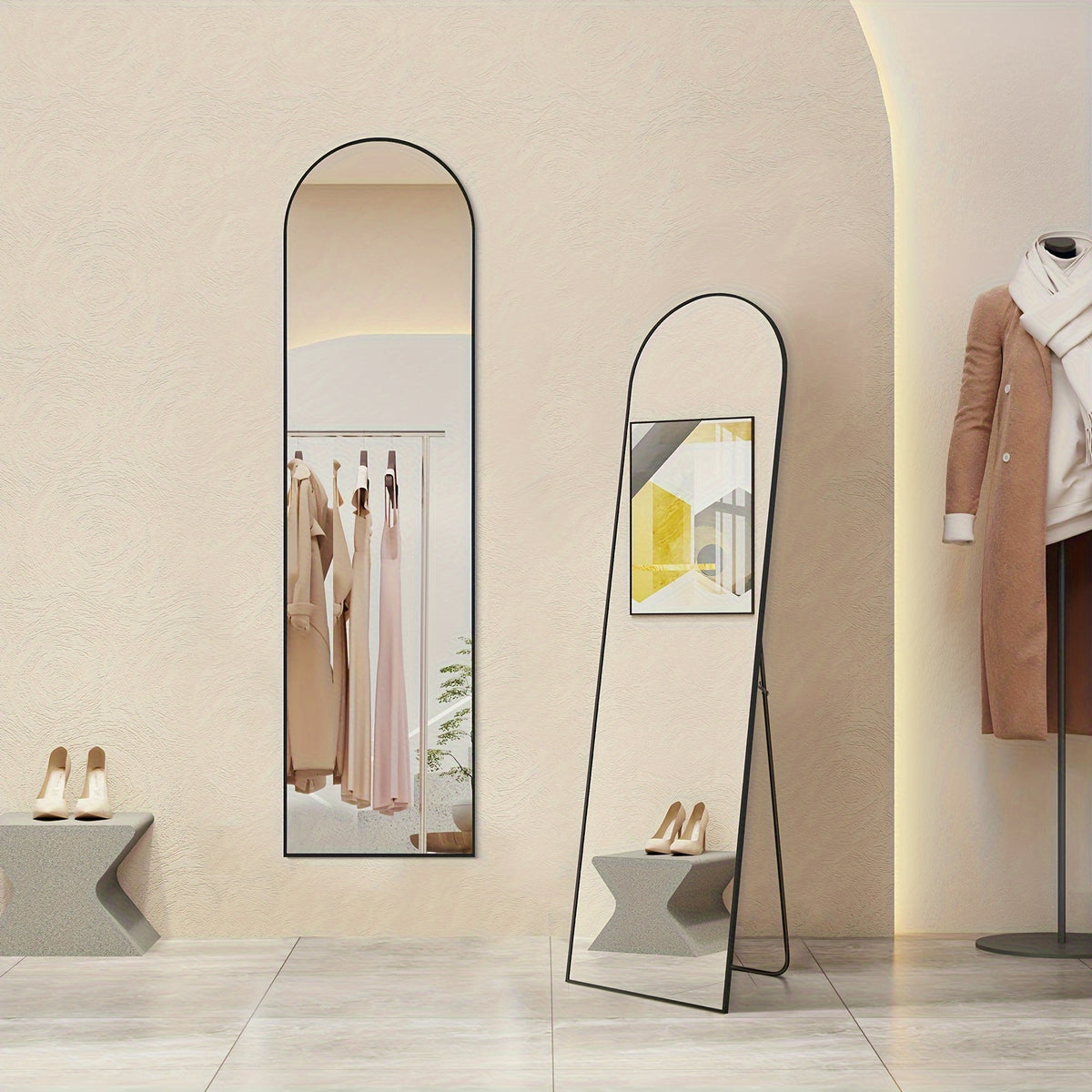 Full Length Mirror Floor Standing – Arched, Angle & Rectangle Full Body Mirror with Thin Steel Frame, Freestanding Leaning or Wall Hanging for Bedroom Bathroom Hotel, Black or Gold