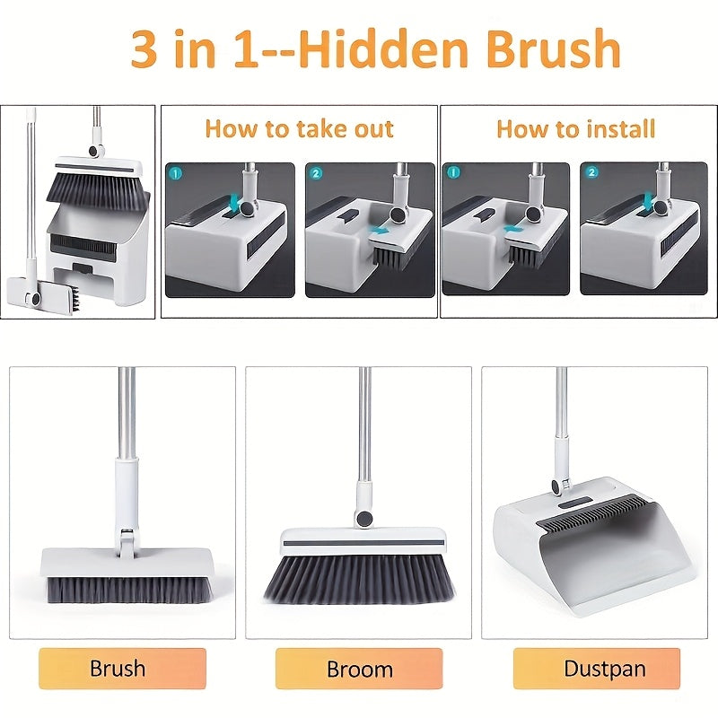 3-in-1 Upright Broom and Dustpan Set with Long Handle, Comb Teeth Dustpan, Garbage Bag Holder – Indoor Outdoor Floor Sweeping Brush Kit for Kitchen Balcony Patio Garage