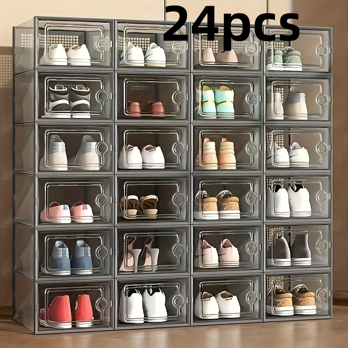Shoe Boxes Clear Stackable with Lid 12/24pcs – Thickened Transparent Foldable Sneaker Storage Organizer for Entryway Bedroom Closet Dorm, Black White Gray