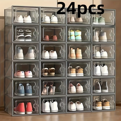 Shoe Boxes Clear Stackable with Lid 12/24pcs – Thickened Transparent Foldable Sneaker Storage Organizer for Entryway Bedroom Closet Dorm, Black White Gray