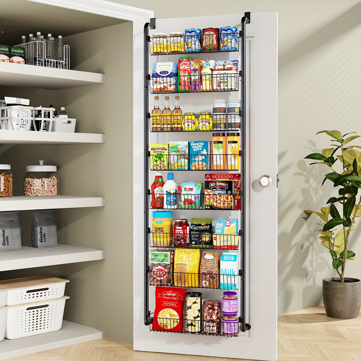 Over The Door Organizer, Heavy-Duty Metal Pantry Rack with 6 or 8 Shelves – Space-Saving Multi-Level Storage for Kitchen, Bathroom & Laundry Room, Spice Rack & Cabinet Door Hanging Shelf, Black or White