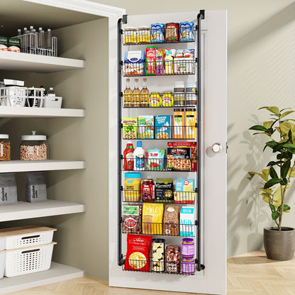 Over The Door Organizer, Heavy-Duty Metal Pantry Rack with 6 or 8 Shelves – Space-Saving Multi-Level Storage for Kitchen, Bathroom & Laundry Room, Spice Rack & Cabinet Door Hanging Shelf, Black or White
