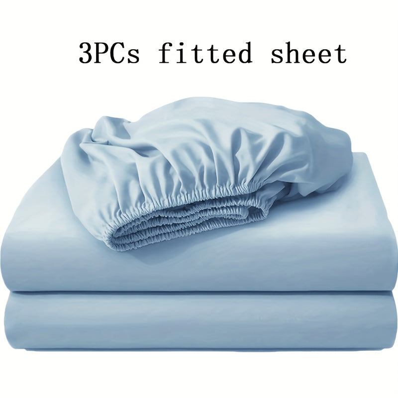 Soft Fitted Bed Sheet Set 3-Piece with 2 Pillowcases – Solid Color Layered Fitted Sheet for Bedroom Guest Room Hotel Mattress Protection