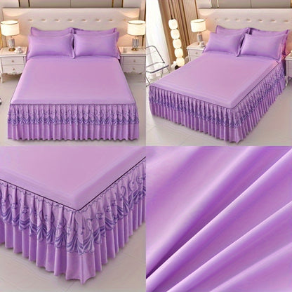 Macrame Bed Skirt Set 3 Piece with Pillowcases – Double Layer Lace Non-Slip Bedding for Twin Full Queen King, All Seasons, Red Grey Navy Purple