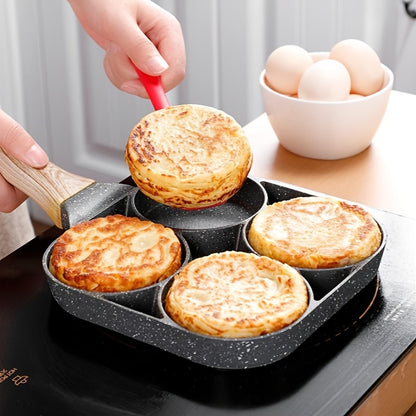 Non-Stick Breakfast Skillet Set – 4-Hole Egg Pan & 5-Piece Cookware Set with Heat-Resistant Wooden Handle for Eggs, Burgers & Omelettes, Easy Clean, Perfect for Home Kitchen Cooking
