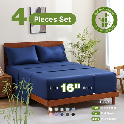Bamboo Bed Sheet Set 4 Piece - 2000TC Cooling Sheets Deep Pocket 16 Inch, Luxury Soft Hotel Quality Fitted Sheet Flat Sheet Pillowcases, Wrinkle Shrink Resistant, Twin Full Queen King