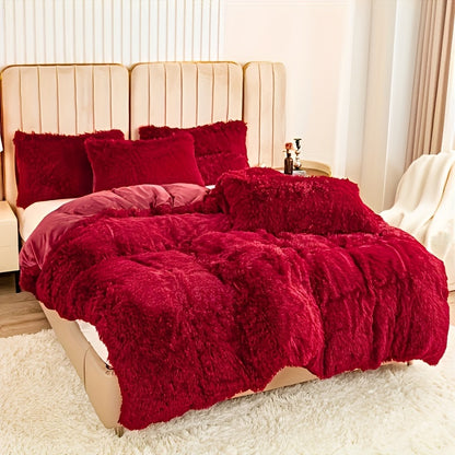 Plush Duvet Cover Set 3-Piece – Soft Fuzzy Comforter Cover with 2 Pillowcases, Cozy Warm Bedding for Bedroom & Dorm, Twin Full Queen King, 14 Colors including Solid & Tie Dye