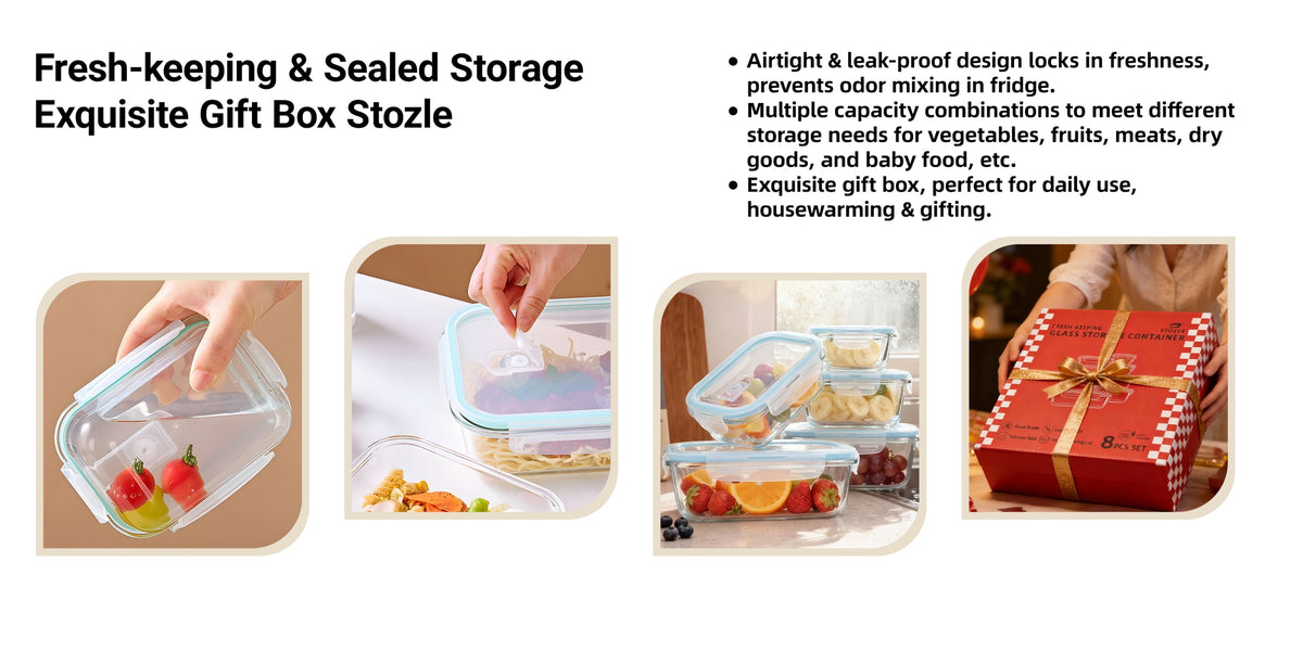 Glass Food Storage Containers Set 16 Piece – Airtight Borosilicate Glass Meal Prep Containers with Lids, Microwave Oven Safe, Lunch Box for Salads Fruits Vegetables, Gray Green Blue Colorful