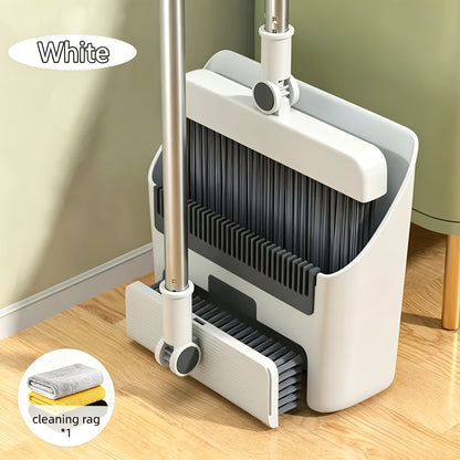 3-in-1 Upright Broom and Dustpan Set with Long Handle, Comb Teeth Dustpan, Garbage Bag Holder – Indoor Outdoor Floor Sweeping Brush Kit for Kitchen Balcony Patio Garage